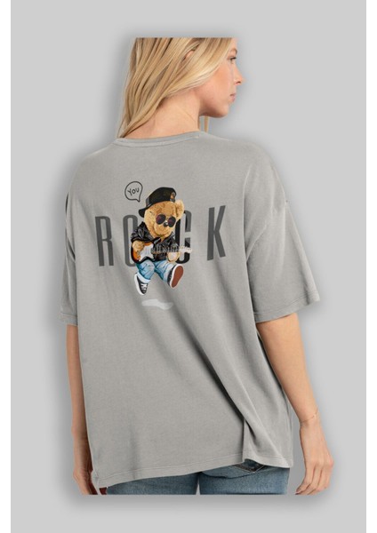 Teddy Bear Rock Arka Baskılı Gri Oversize T-Shirt Unisex Erkek Kadın Bisiklet Yaka modelleri