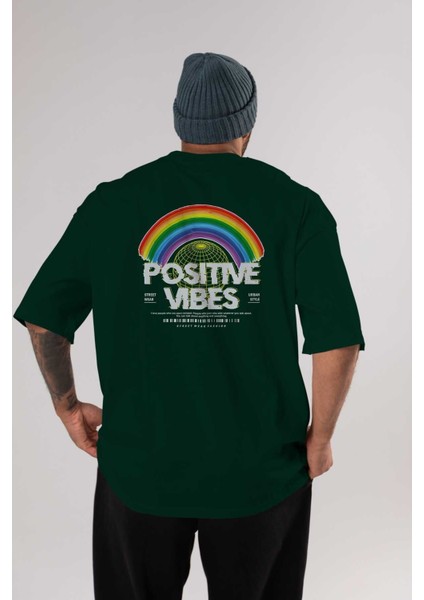 Positive Vibes Arka Baskılı Zümrüt Yeşili Oversize T-Shirt Erkek Kadın Bisiklet Yaka