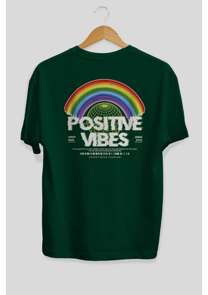Positive Vibes Arka Baskılı Zümrüt Yeşili Oversize T-Shirt Erkek Kadın Bisiklet Yaka fiyatları