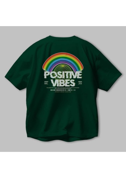 Positive Vibes Arka Baskılı Zümrüt Yeşili Oversize T-Shirt Erkek Kadın Bisiklet Yaka modelleri