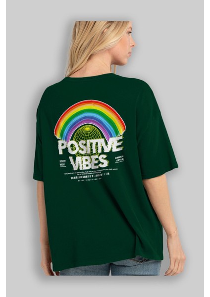 Positive Vibes Arka Baskılı Zümrüt Yeşili Oversize T-Shirt Erkek Kadın Bisiklet Yaka fırsatları