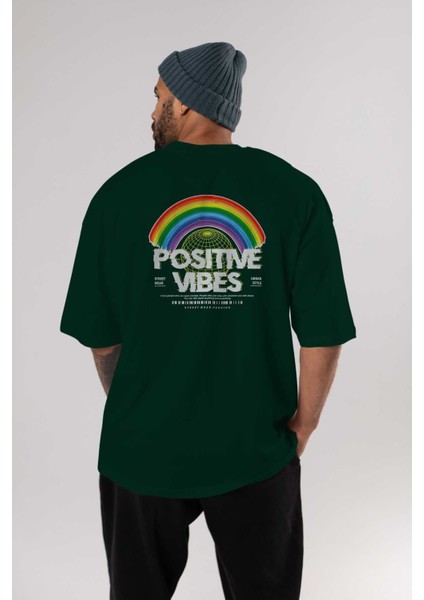 Positive Vibes Arka Baskılı Zümrüt Yeşili Oversize T-Shirt Erkek Kadın Bisiklet Yaka indirimleri