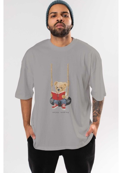 Teddy Bear Enjoy Reading Ön Baskılı Gri Oversize T-Shirt Unisex Erkek Kadın Bisiklet Yaka