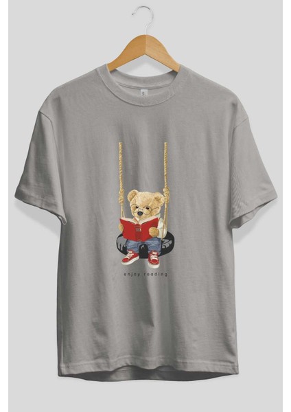 Teddy Bear Enjoy Reading Ön Baskılı Gri Oversize T-Shirt Unisex Erkek Kadın Bisiklet Yaka fiyatları
