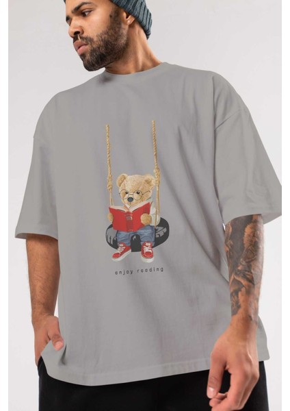 Teddy Bear Enjoy Reading Ön Baskılı Gri Oversize T-Shirt Unisex Erkek Kadın Bisiklet Yaka modelleri