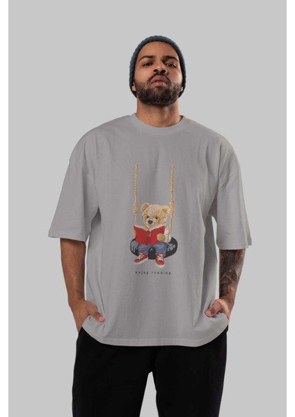 Teddy Bear Enjoy Reading Ön Baskılı Gri Oversize T-Shirt Unisex Erkek Kadın Bisiklet Yaka indirimleri