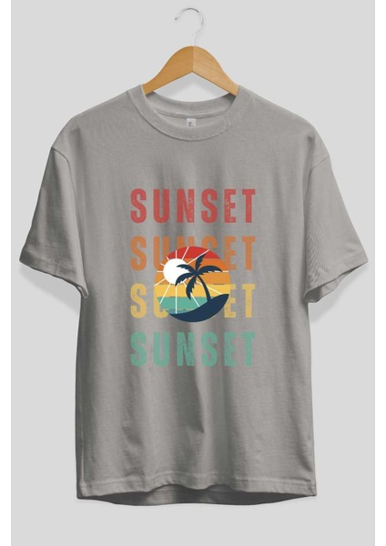Sunset Yazılı Ön Baskılı Gri Oversize T-Shirt Unisex Erkek Kadın Bisiklet Yaka fiyatları