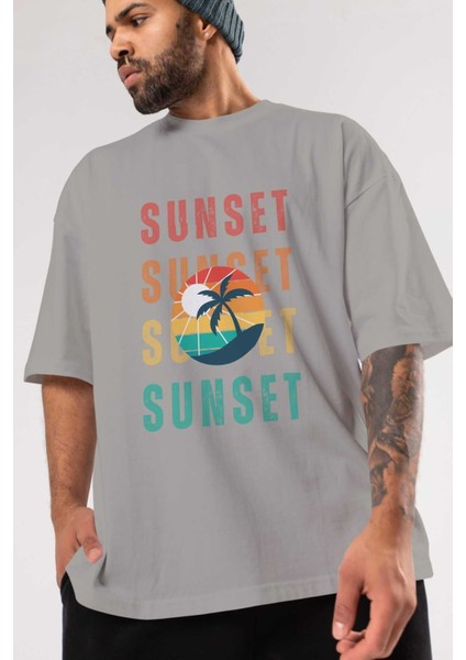 Sunset Yazılı Ön Baskılı Gri Oversize T-Shirt Unisex Erkek Kadın Bisiklet Yaka modelleri