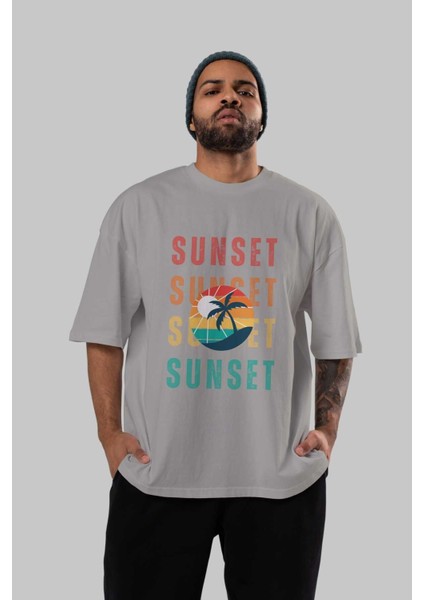 Sunset Yazılı Ön Baskılı Gri Oversize T-Shirt Unisex Erkek Kadın Bisiklet Yaka indirimleri