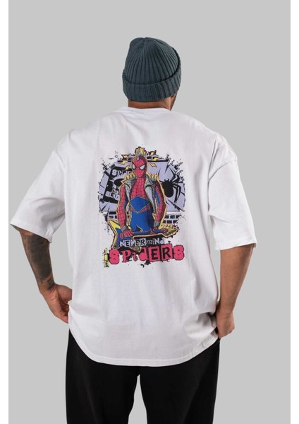 Spiderman Rock Arka Baskılı Beyaz Oversize T-Shirt Bisiklet Yaka Pamuk Erkek Kadın