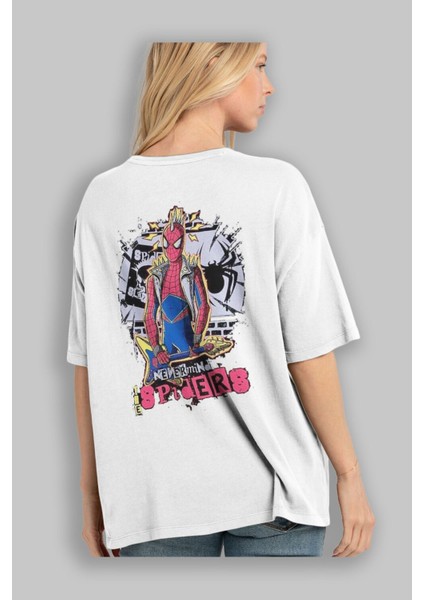 Spiderman Rock Arka Baskılı Beyaz Oversize T-Shirt Bisiklet Yaka Pamuk Erkek Kadın modelleri