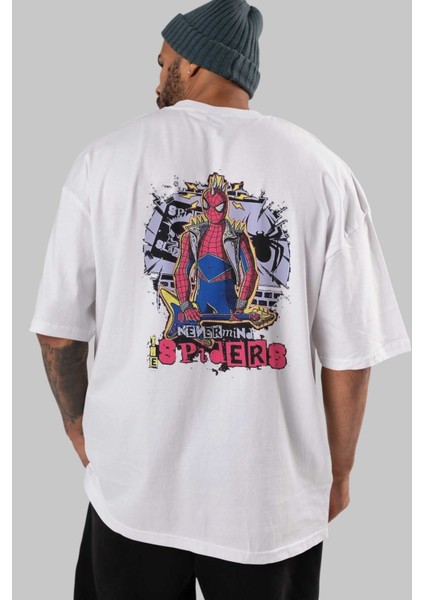 Spiderman Rock Arka Baskılı Beyaz Oversize T-Shirt Bisiklet Yaka Pamuk Erkek Kadın indirimleri