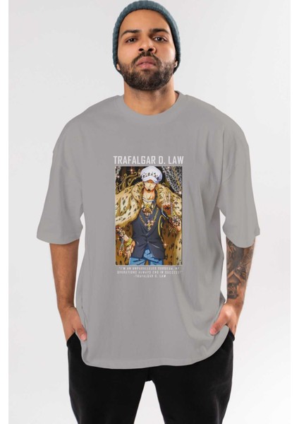 Trafalgar D. Water Law 2 Ön Baskılı Gri Oversize T-Shirt Unisex Erkek Kadın Bisiklet Yaka
