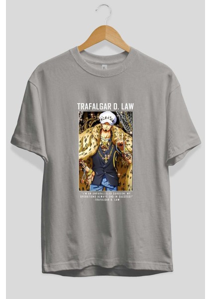 Trafalgar D. Water Law 2 Ön Baskılı Gri Oversize T-Shirt Unisex Erkek Kadın Bisiklet Yaka fiyatları