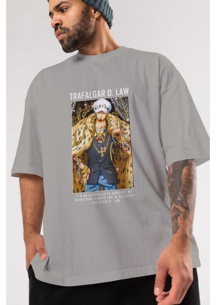 Trafalgar D. Water Law 2 Ön Baskılı Gri Oversize T-Shirt Unisex Erkek Kadın Bisiklet Yaka modelleri