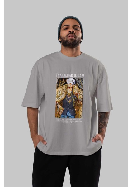 Trafalgar D. Water Law 2 Ön Baskılı Gri Oversize T-Shirt Unisex Erkek Kadın Bisiklet Yaka indirimleri