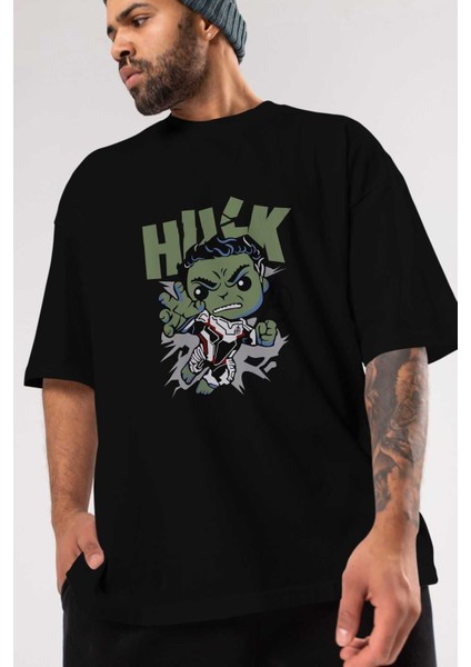 Hulk (8) Ön Baskılı Siyah Oversize T-Shirt Bisiklet Yaka Erkek Kadın modelleri