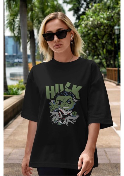 Hulk (8) Ön Baskılı Siyah Oversize T-Shirt Bisiklet Yaka Erkek Kadın indirimleri