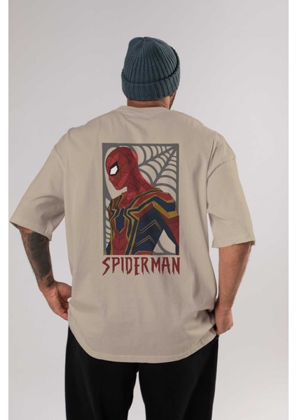 Spiderman (8) Arka Baskılı Bej Oversize T-Shirt Bisiklet Yaka Pamuk Erkek Kadın