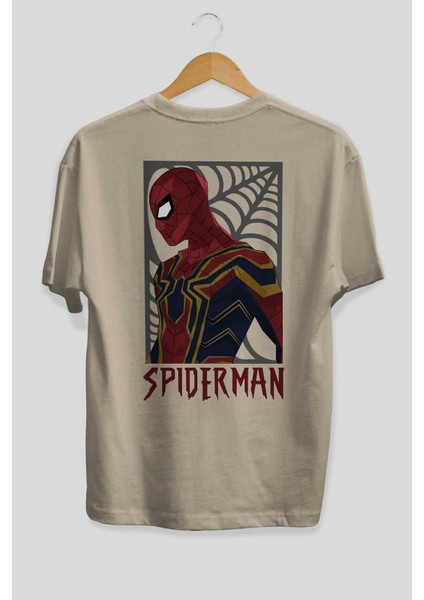 Spiderman (8) Arka Baskılı Bej Oversize T-Shirt Bisiklet Yaka Pamuk Erkek Kadın fiyatları