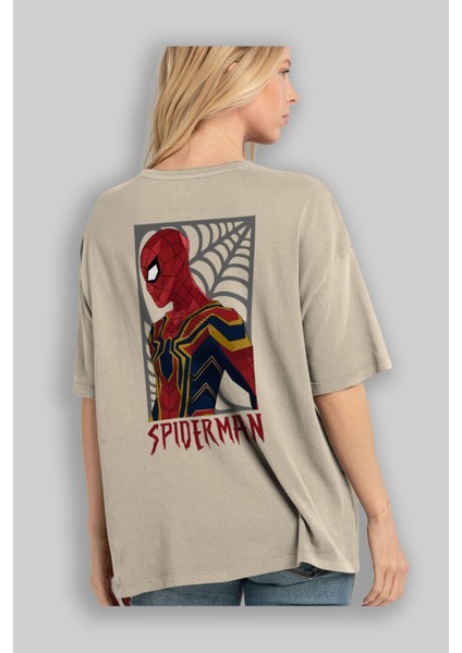 Spiderman (8) Arka Baskılı Bej Oversize T-Shirt Bisiklet Yaka Pamuk Erkek Kadın modelleri
