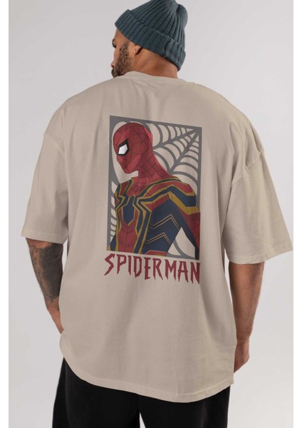 Spiderman (8) Arka Baskılı Bej Oversize T-Shirt Bisiklet Yaka Pamuk Erkek Kadın indirimleri