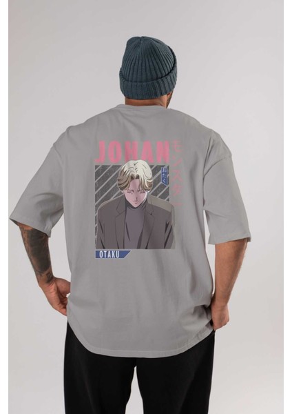 Johan Liebert Monster Anime Arka Baskılı Gri Oversize T-Shirt %100 Pamuk Erkek Kadın