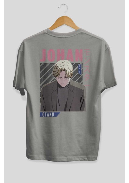 Johan Liebert Monster Anime Arka Baskılı Gri Oversize T-Shirt %100 Pamuk Erkek Kadın