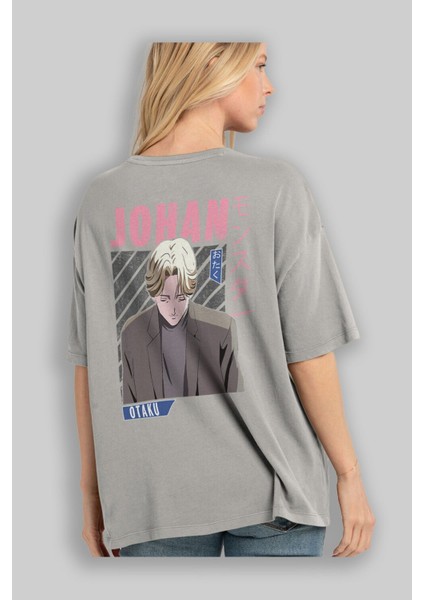 Johan Liebert Monster Anime Arka Baskılı Gri Oversize T-Shirt %100 Pamuk Erkek Kadın