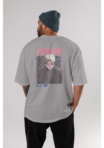 Johan Liebert Monster Anime Arka Baskılı Gri Oversize T-Shirt %100 Pamuk Erkek Kadın