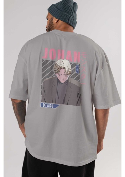 Johan Liebert Monster Anime Arka Baskılı Gri Oversize T-Shirt %100 Pamuk Erkek Kadın