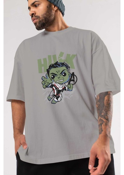 Hulk (8) Ön Baskılı Gri Oversize T-Shirt Bisiklet Yaka Pamuk Erkek Kadın modelleri
