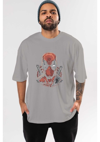 Deadpool (10) Ön Baskılı Gri Oversize T-Shirt Bisiklet Yaka Pamuk Erkek Kadın