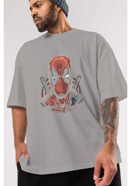 Deadpool (10) Ön Baskılı Gri Oversize T-Shirt Bisiklet Yaka Pamuk Erkek Kadın modelleri