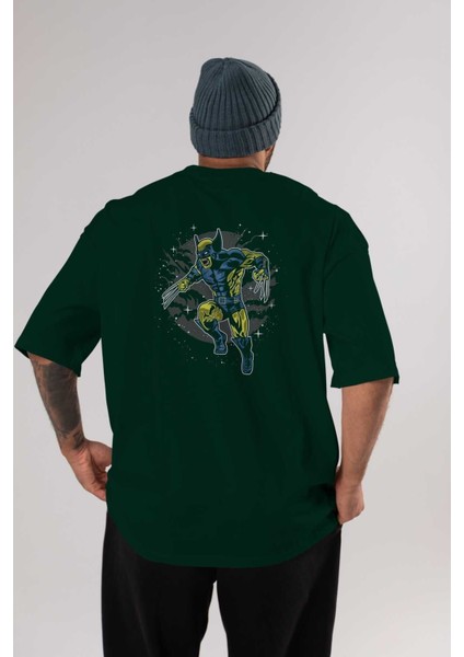 Wolverine Arka Baskılı Zümrüt Yeşili Oversize T-Shirt Erkek Kadın Bisiklet Yaka