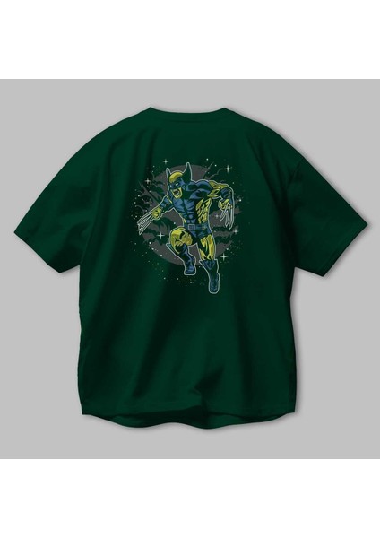 Wolverine Arka Baskılı Zümrüt Yeşili Oversize T-Shirt Erkek Kadın Bisiklet Yaka