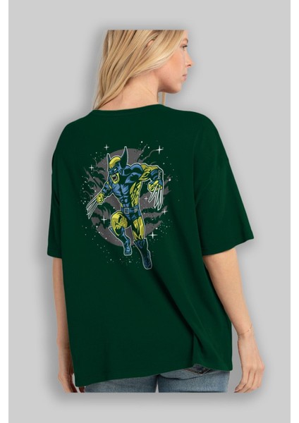 Wolverine Arka Baskılı Zümrüt Yeşili Oversize T-Shirt Erkek Kadın Bisiklet Yaka