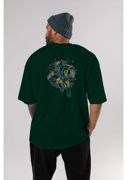 Wolverine Arka Baskılı Zümrüt Yeşili Oversize T-Shirt Erkek Kadın Bisiklet Yaka