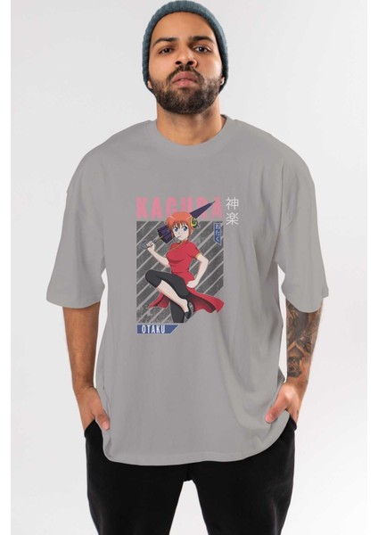 Kagura Gıntama 1 Anime Ön Baskılı Gri Oversize T-Shirt %100 Pamuk Erkek Kadın