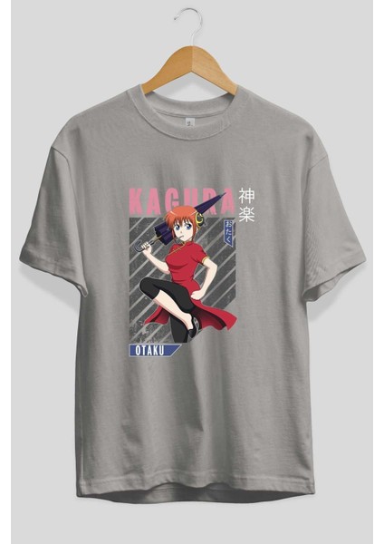 Kagura Gıntama 1 Anime Ön Baskılı Gri Oversize T-Shirt %100 Pamuk Erkek Kadın