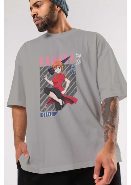 Kagura Gıntama 1 Anime Ön Baskılı Gri Oversize T-Shirt %100 Pamuk Erkek Kadın