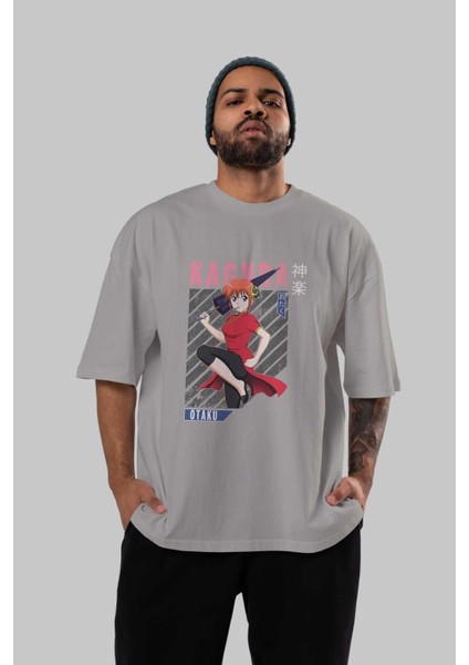 Kagura Gıntama 1 Anime Ön Baskılı Gri Oversize T-Shirt %100 Pamuk Erkek Kadın