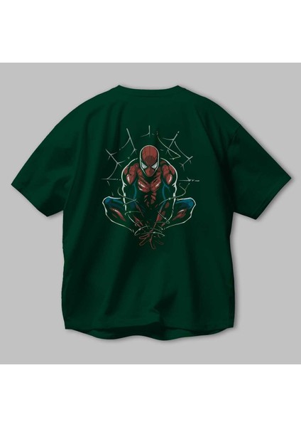 Spiderman (15) Arka Baskılı Zümrüt Yeşili Oversize T-Shirt Bisiklet Yaka Erkek Kadın modelleri