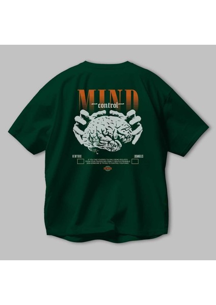 Mind Control Arka Baskılı Zümrüt Yeşili Oversize T-Shirt Unisex Erkek Kadın Bisiklet Yaka modelleri