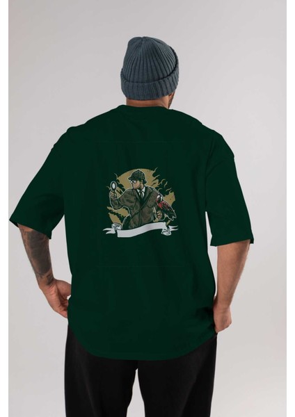 Sherlock Holmes Arka Baskılı Zümrüt Yeşili Oversize T-Shirt Erkek Kadın Bisiklet Yaka