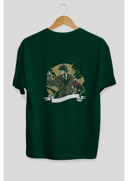 Sherlock Holmes Arka Baskılı Zümrüt Yeşili Oversize T-Shirt Erkek Kadın Bisiklet Yaka fiyatları