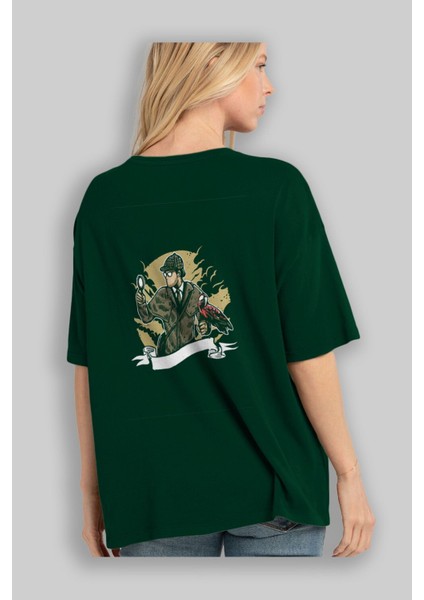 Sherlock Holmes Arka Baskılı Zümrüt Yeşili Oversize T-Shirt Erkek Kadın Bisiklet Yaka fırsatları