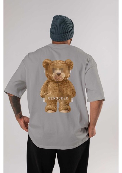 Teddy Bear Censored Arka Baskılı Gri Oversize T-Shirt Unisex Erkek Kadın Bisiklet Yaka
