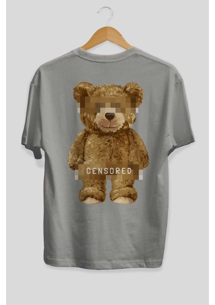 Teddy Bear Censored Arka Baskılı Gri Oversize T-Shirt Unisex Erkek Kadın Bisiklet Yaka fiyatları