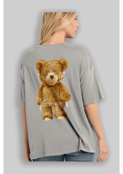 Teddy Bear Censored Arka Baskılı Gri Oversize T-Shirt Unisex Erkek Kadın Bisiklet Yaka modelleri